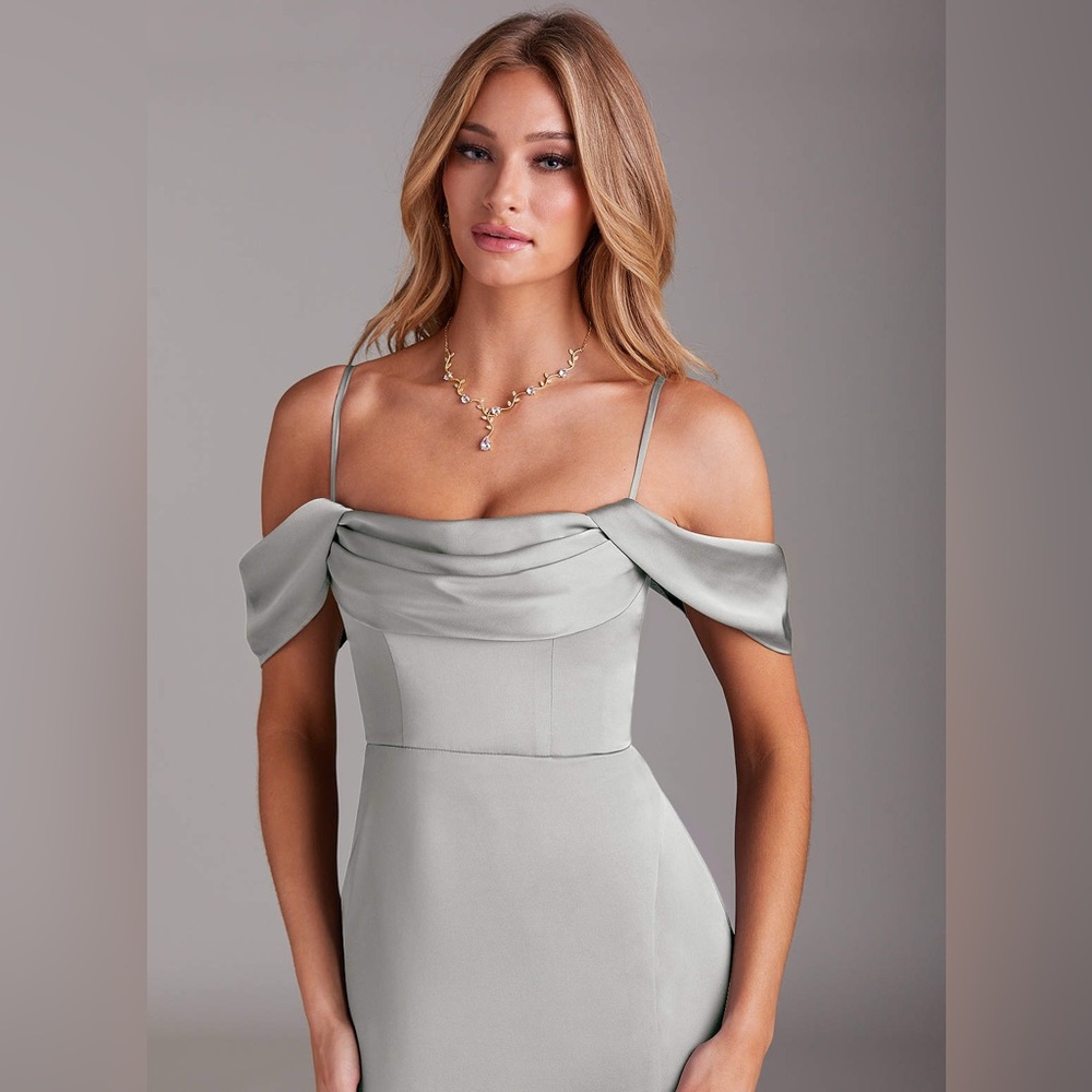 Azazie Off-Shoulder Satin Midi Dress in Silver